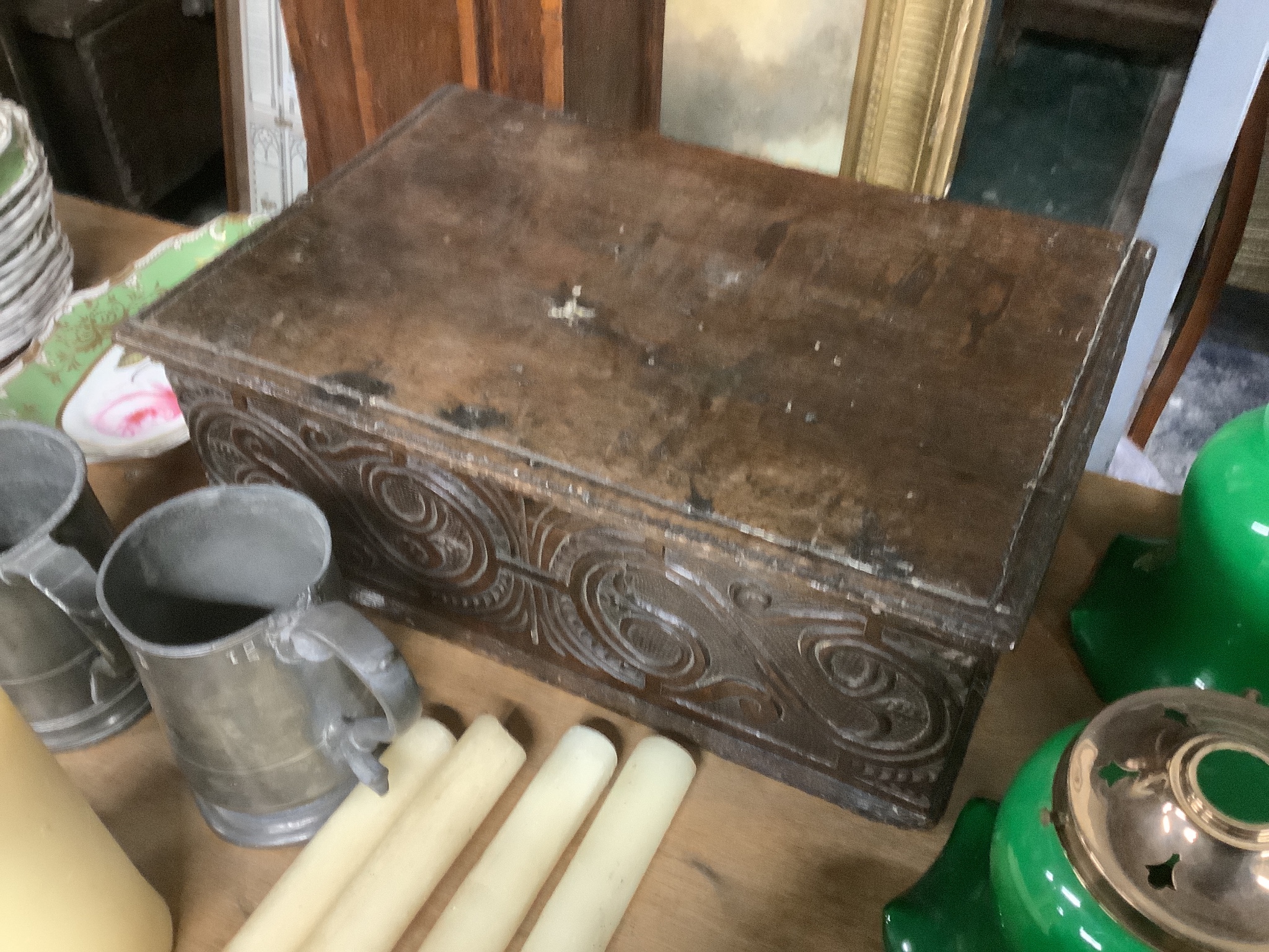 A 17th century oak bible box, width 49cm, depth 32cm, height 18cm